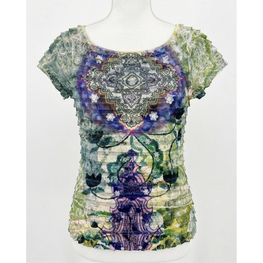 Y2K Vtg Baby Tee Top Large Stretchy Pleated Paisley Floral Grunge Boho Whimsy